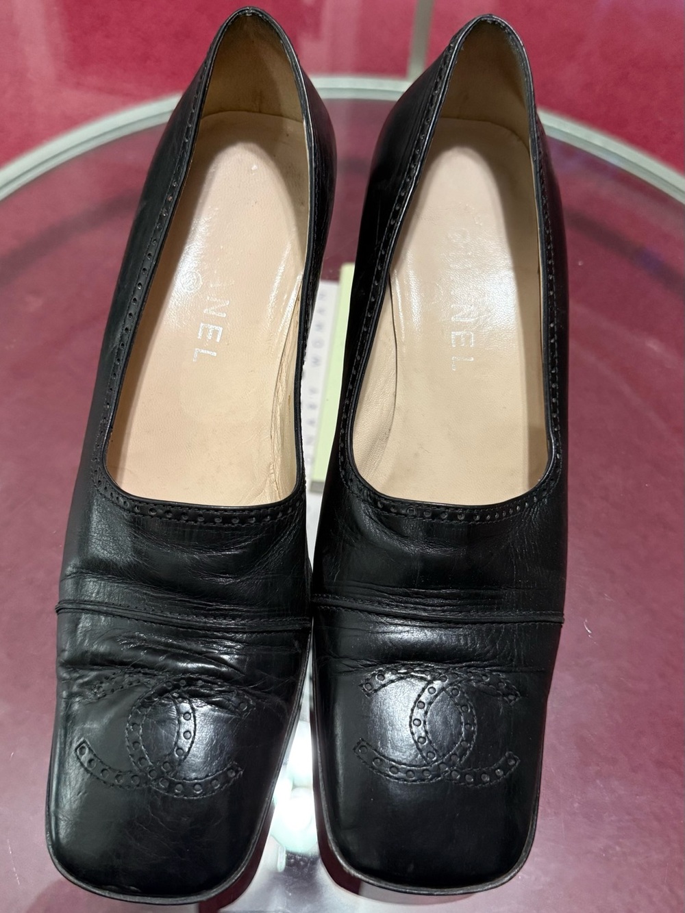 CHANEL Black Leather Square-Toe Flats with Embossed CC